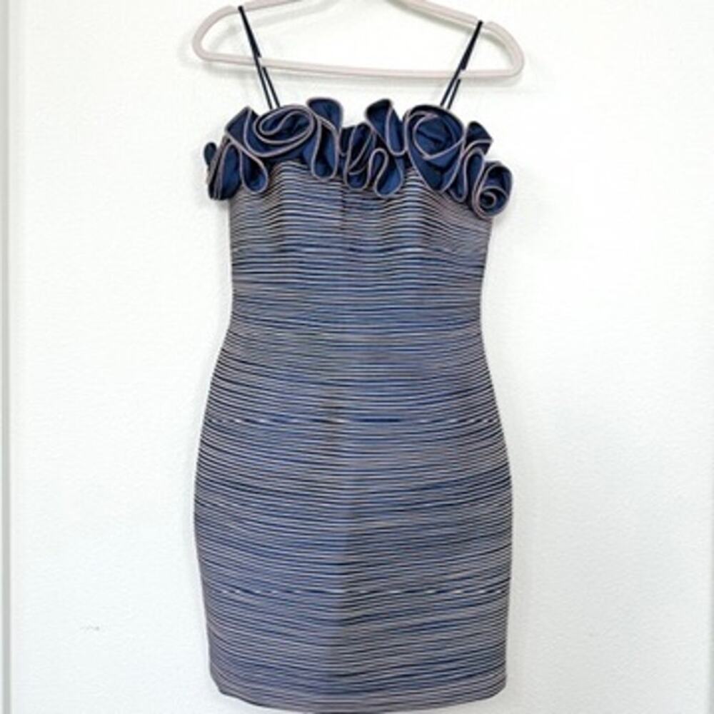 Sonia Peña Striped Rosette Cocktail Dress Blue Tan Spaghetti Strap Bodycon